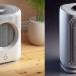 alt="una imagen dividida en dos, de un lado con fondo claro aprece un purificador de aire de color blanco grisosos del otro lado dondo ligeramenete oscuro, un purificador de aire de color crema blanca"