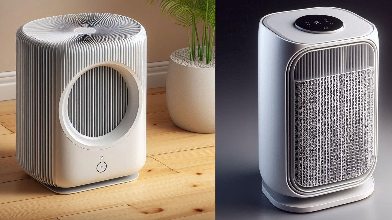 alt="una imagen dividida en dos, de un lado con fondo claro aprece un purificador de aire de color blanco grisosos del otro lado dondo ligeramenete oscuro, un purificador de aire de color crema blanca"