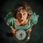 alt="Mujer de 55 años, sosteniendo balanza para medir peso, en sus manos, mientras mira con la cabeza inclinada hacia arriba, mirada de asombro y rasgos de locura, lleva vestido verde, fonfo escuro"