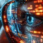 alt="Angulo de cara de una persona con gafas leyendo codigo en ordenador, el rostro se ilumina con colores letras y numero"