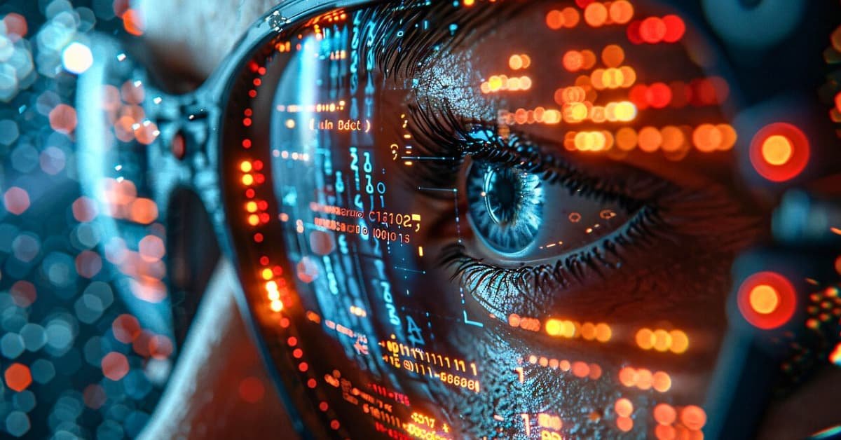 alt="Angulo de cara de una persona con gafas leyendo codigo en ordenador, el rostro se ilumina con colores letras y numero"