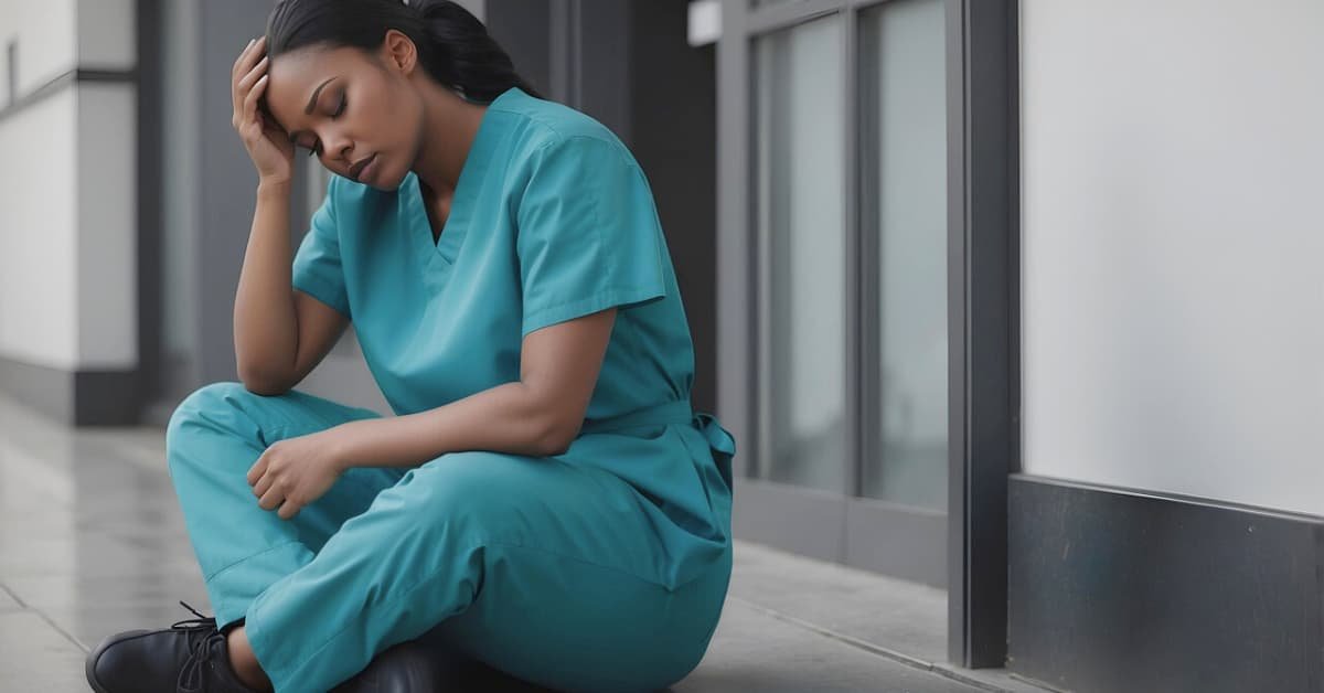 alt="eEnfermera vestida de verde sentada en el conten de la acera con la mano en la cabeza, descansando con señales de agotamiento cronico"