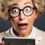 alt="Mujer de 50 años de edad con gafas y peinado sofisticado, asombrada con una tablet en la mano"