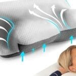 alt="Imagen de funciones de una almohada ergonomica encima de la cabeza de una mujer que descanza feliz"