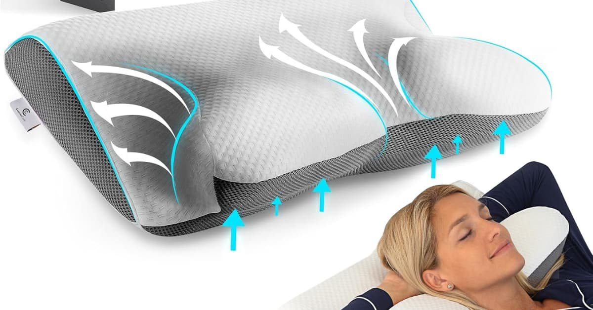 alt="Imagen de funciones de una almohada ergonomica encima de la cabeza de una mujer que descanza feliz"