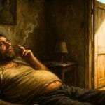 alt="Hombre acostado en una cama fumando en la habitacion con la puerta abierta"