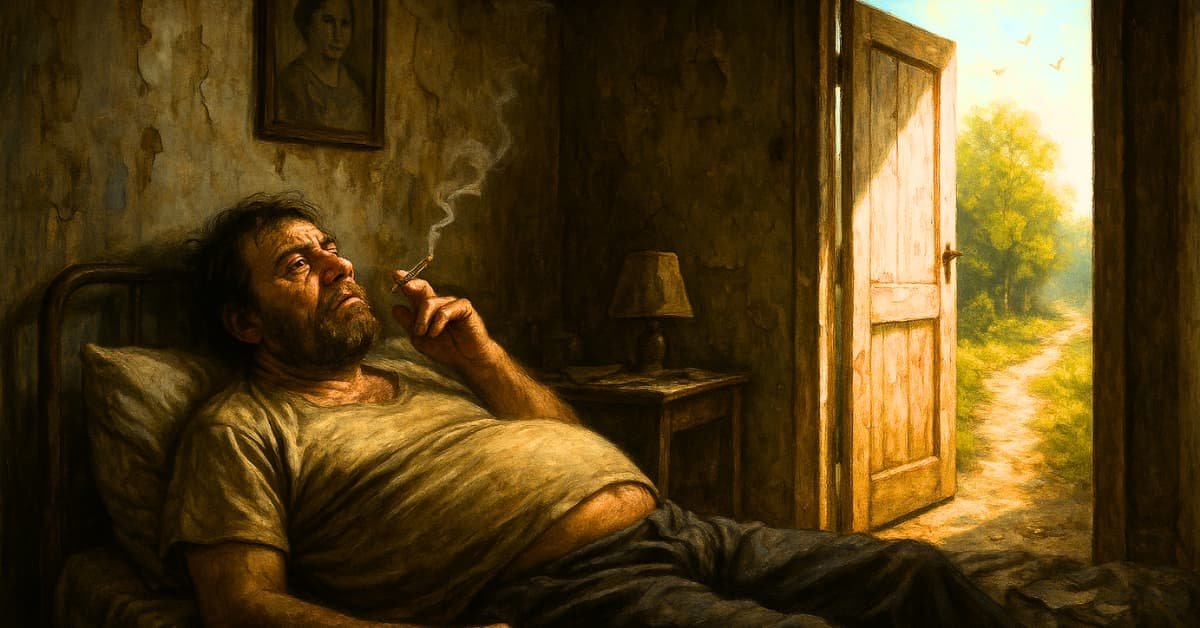 alt="Hombre acostado en una cama fumando en la habitacion con la puerta abierta"