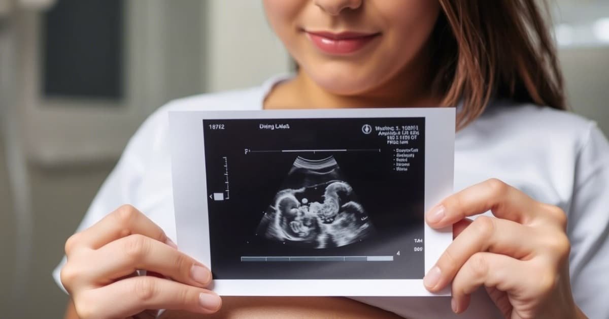 alt="Mujer feliz sonrriendo con foto de ultrasonido de su bebe en buen estado"