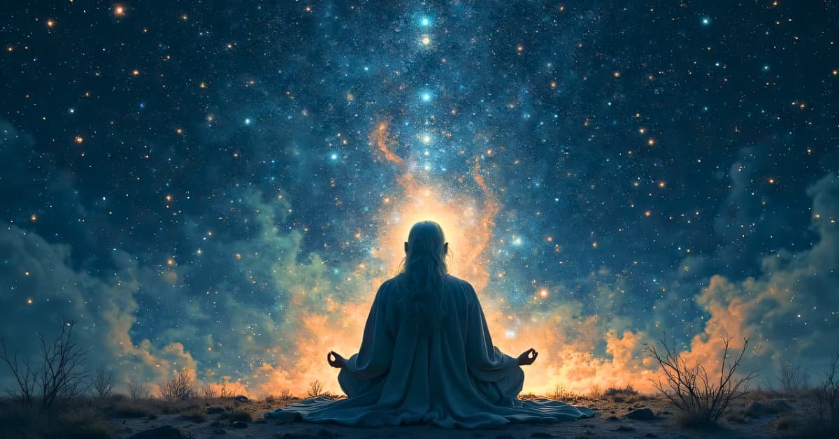 alt="Figura de Hombre sentado meditando en el llano de un campo con el universo de fondo"