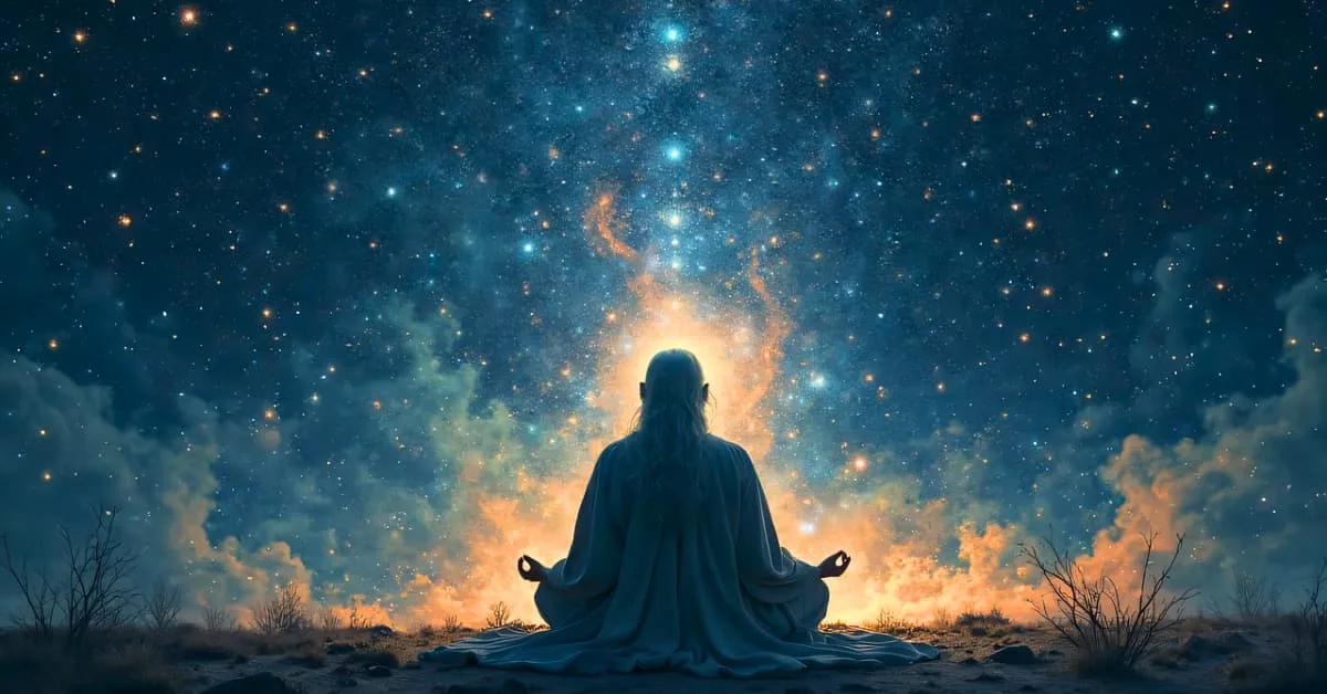 alt="Figura de Hombre sentado meditando en el llano de un campo con el universo de fondo"