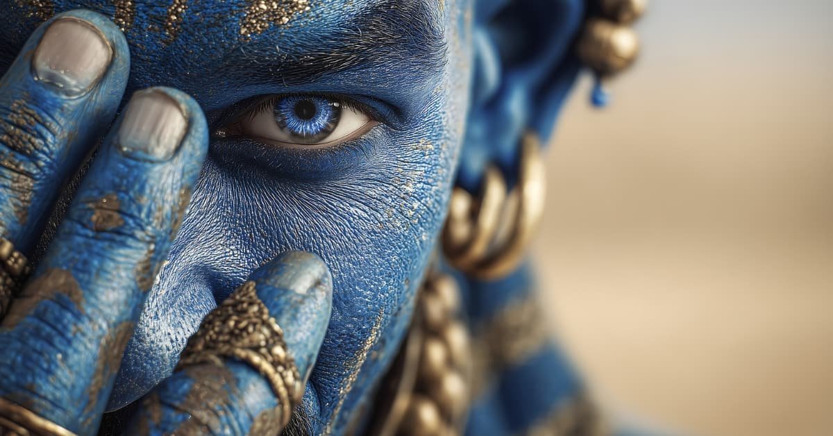 alt="Con la mano tapando la mitad de la cara y dejando visible solo un ojo aparece el rostro de un hombre con pinta de genio de color azul brillante y muchas joyas de oro, la mitad de la imagen del fondo se ve vorrosa"