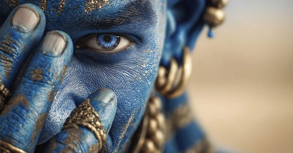 alt="Con la mano tapando la mitad de la cara y dejando visible solo un ojo aparece el rostro de un hombre con pinta de genio de color azul brillante y muchas joyas de oro, la mitad de la imagen del fondo se ve vorrosa"