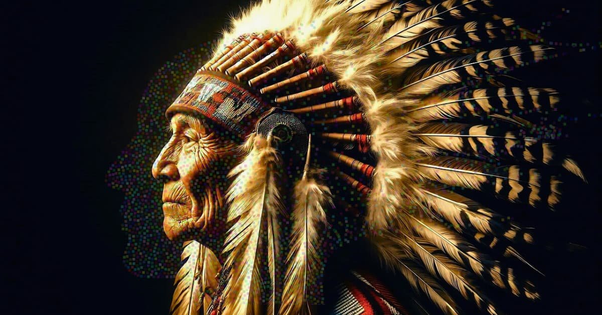 alt="Foto de hombre de 60 años de edad, perteneciente a tribu indigena del amazonas. F, Lleva puesto Sombrero de Plumas enormes y le vcualgan de las orejas 2 plmas a cada lafo. Fondo Negro"