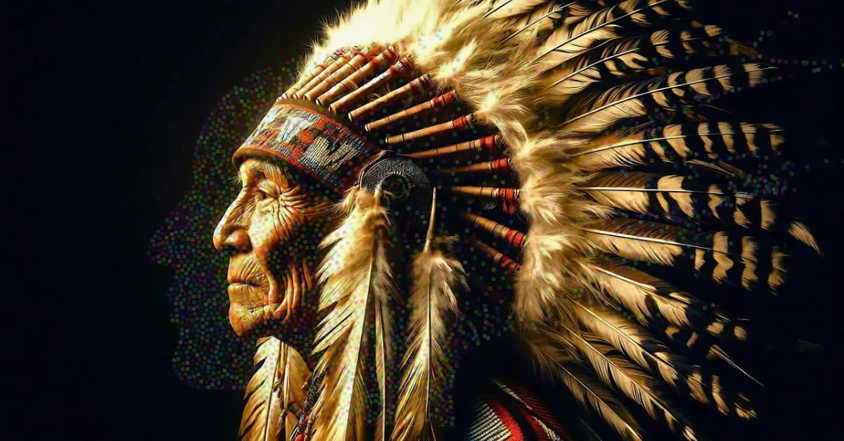 alt="Foto de hombre de 60 años de edad, perteneciente a tribu indigena del amazonas. F, Lleva puesto Sombrero de Plumas enormes y le vcualgan de las orejas 2 plmas a cada lafo. Fondo Negro"