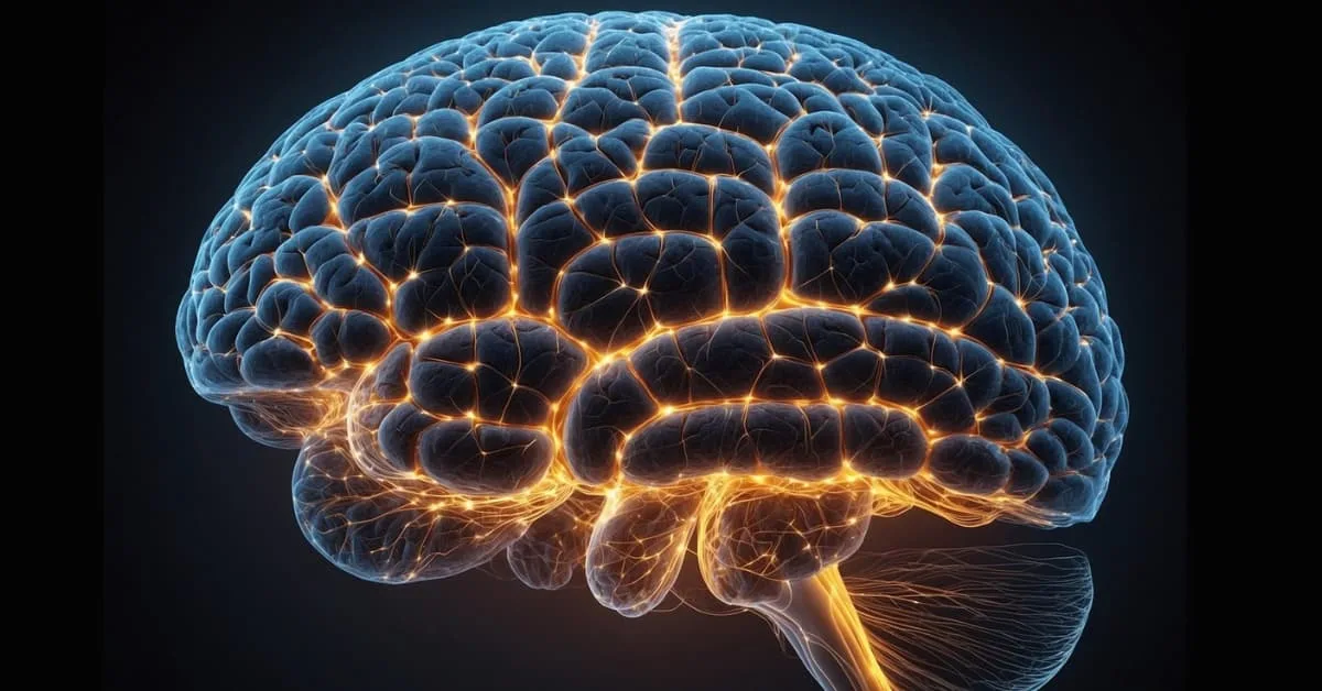 Alt="Cerebro humano iluminado con destellos de luz naranja sobre fondo oscuro, representando actividad neuronal o inteligencia."