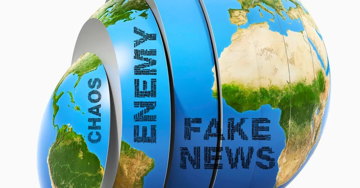 alt="El planeta tierra cortado verticalmente en varias partes, simbolizando el mundo en destruccion, solores azules y verdes bien llamativos en altos relieves, en cada divicion se leen palabras como Caos, enemico, noticias falsas."