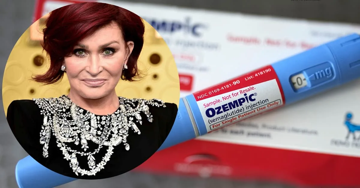 alt="Foto editorial de Sharon Osbourne y una inyepcion de Ozempic de fondo"