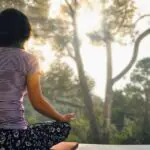 alt="mujer sentada de esplada, meditando a las orillas de un bosque intenso lleno de paz"