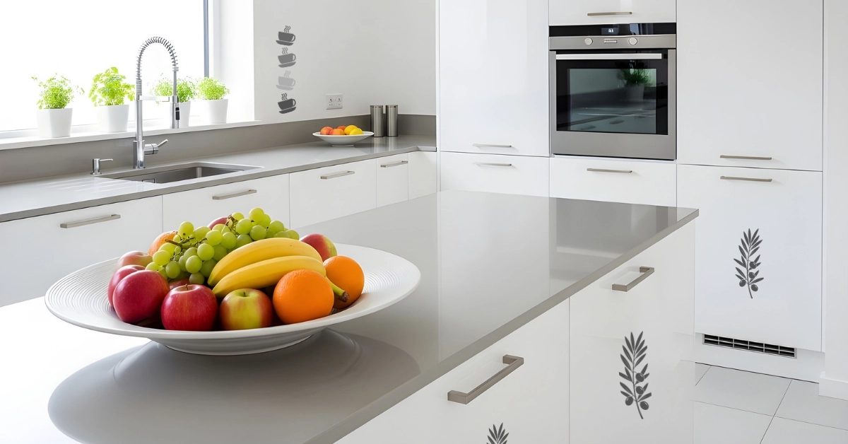 alt="Plato de Frutas colores vividos sobre mesa de granito de lujo en cocina minimalista."