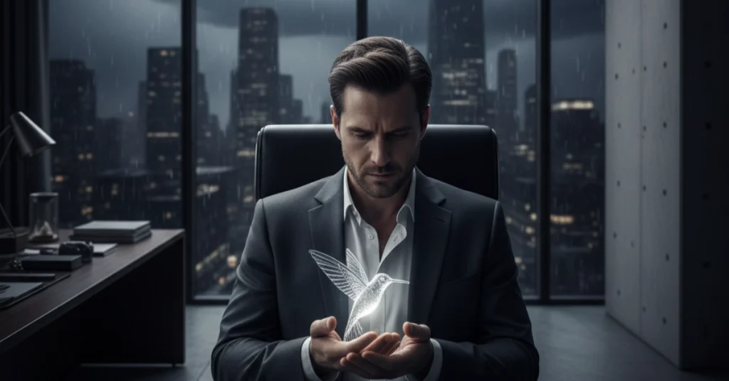 Alt="Un plano medio de un hombre elegante pero visiblemente cansado, sentado en una oficina minimalista. Sostiene un pequeño colibrí de cristal o una libélula entre sus manos, mirándola con devoción, mientras que justo detrás de él, a través de un ventanal, se ve una tormenta feroz o un edificio en ruinas que él ignora."