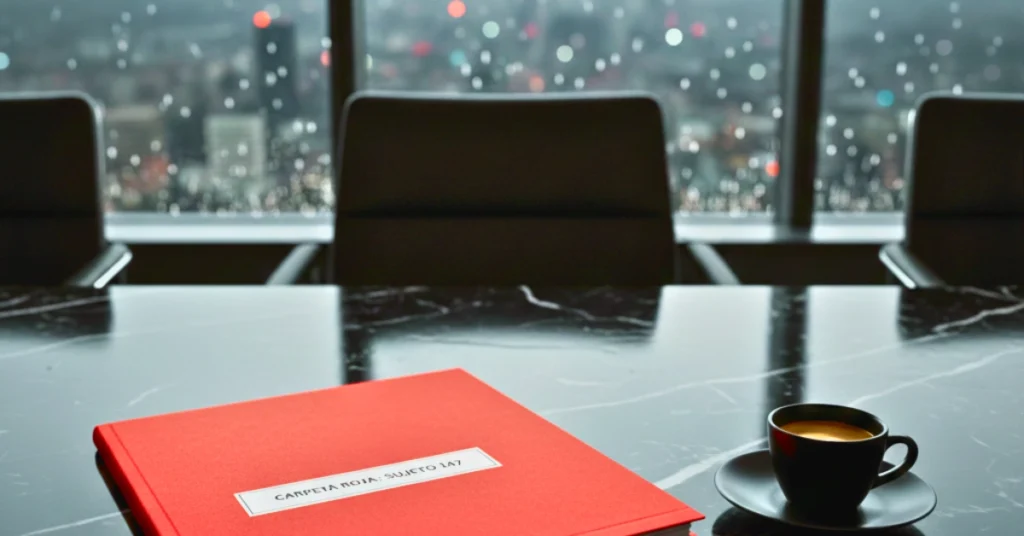 alt="mesa de mármol negro, hay una carpeta roja con el nombre del Sujeto en una oficina en un dia lluvioso"