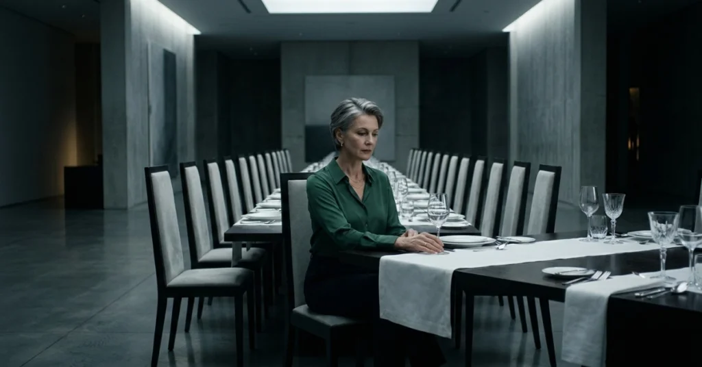 alt="Mujer elegante de 50 años sentada sola en mesa de banquete lujosa minimalista, ambiente melancólico y estéril con sillas vacías."