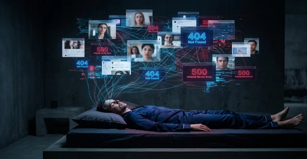 Persona acostada en una cama en una habitación oscura, con múltiples pantallas digitales flotando sobre su cabeza mostrando mensajes de error (404 Not Found, 500 Internal Server Error) y ventanas de videollamadas con rostros de diferentes personas, conectadas por líneas digitales azules y rojas, representando sobrecarga de información digital y ansiedad tecnológica