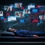 Persona acostada en una cama en una habitación oscura, con múltiples pantallas digitales flotando sobre su cabeza mostrando mensajes de error (404 Not Found, 500 Internal Server Error) y ventanas de videollamadas con rostros de diferentes personas, conectadas por líneas digitales azules y rojas, representando sobrecarga de información digital y ansiedad tecnológica