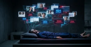 Persona acostada en una cama en una habitación oscura, con múltiples pantallas digitales flotando sobre su cabeza mostrando mensajes de error (404 Not Found, 500 Internal Server Error) y ventanas de videollamadas con rostros de diferentes personas, conectadas por líneas digitales azules y rojas, representando sobrecarga de información digital y ansiedad tecnológica