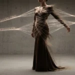 alt="Fotografía artística conceptual de una figura elegante atrapada por hilos de luz invisibles que representan etiquetas de roles sociales, simbolizando el desgaste invisible y la pérdida de soberanía personal."