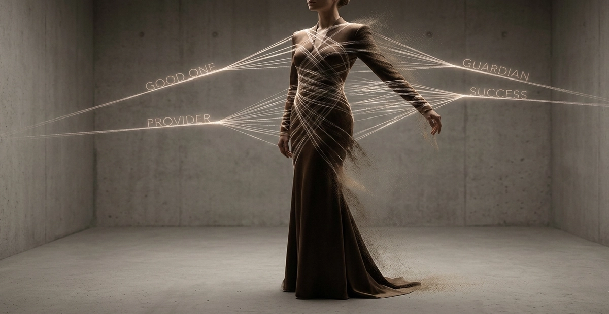 alt="Fotografía artística conceptual de una figura elegante atrapada por hilos de luz invisibles que representan etiquetas de roles sociales, simbolizando el desgaste invisible y la pérdida de soberanía personal."