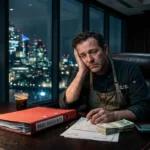 alt="Hombre con delantal de chef trabajando tarde en la noche, rodeado de facturas, una carpeta de contabilidad y dinero, luciendo preocupado por las finanzas del restaurante."