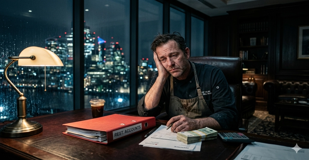 alt="Hombre con delantal de chef trabajando tarde en la noche, rodeado de facturas, una carpeta de contabilidad y dinero, luciendo preocupado por las finanzas del restaurante."