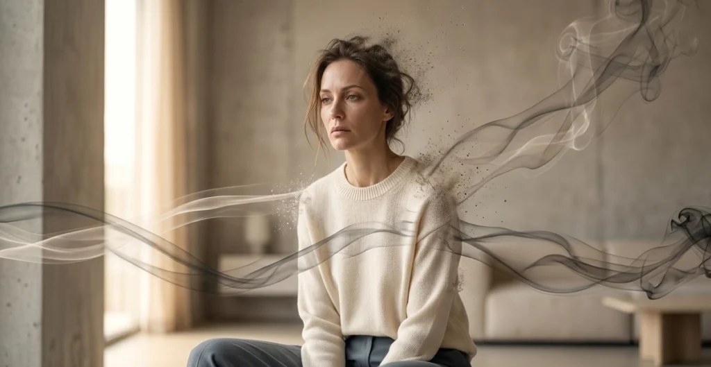 alt="Imagen conceptual de una persona liberándose de etiquetas invisibles de roles sociales, ilustración sobre la soberanía personal y el desgaste invisible para XamBienestar"