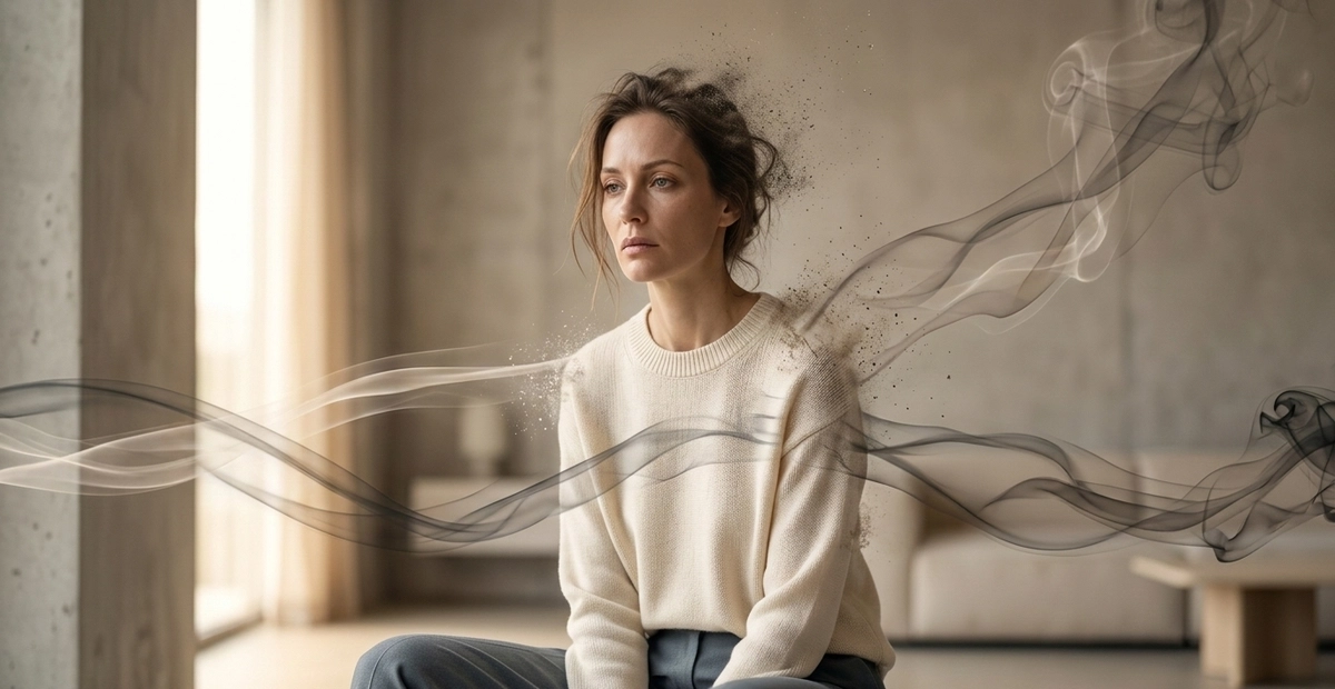 alt="Imagen conceptual de una persona liberándose de etiquetas invisibles de roles sociales, ilustración sobre la soberanía personal y el desgaste invisible para XamBienestar"